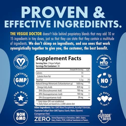 The Veggie Doctor Qwell Vegan Omega 3 dietary supplement supplement facts panel detailing DHA EPA DPA concentrations