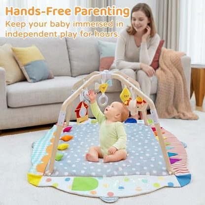 Close up of Montessori inspired developmental zones on play mat