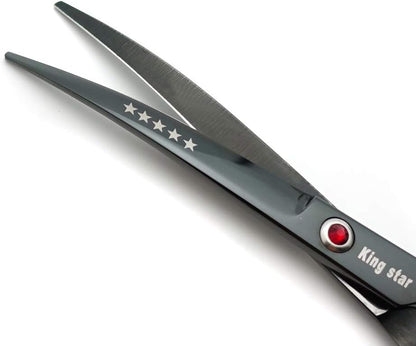 Kingstar bright black titanium stainless steel dog scissors set layout with cleaning cloth