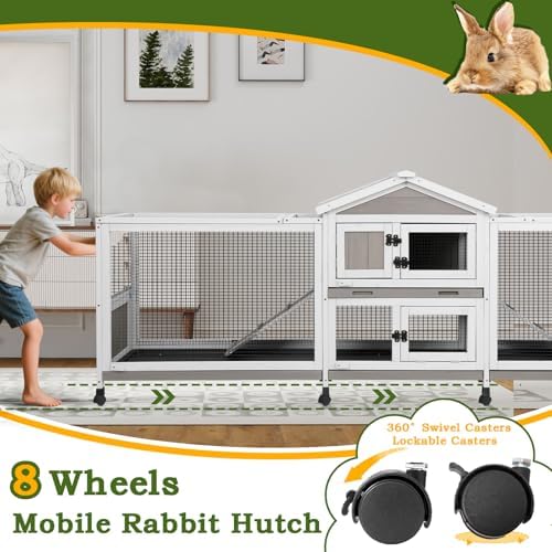 PetsCosset Double Rabbit Hutch Outdoor Indoor Large Bunny Cage with Dual Side Runs, 2-Story Wooden Hutch with 4 Leak Proof Trays, 8 Wheels, Waterproof Roof, Ramp, for Small to Medium Animals - Image 8