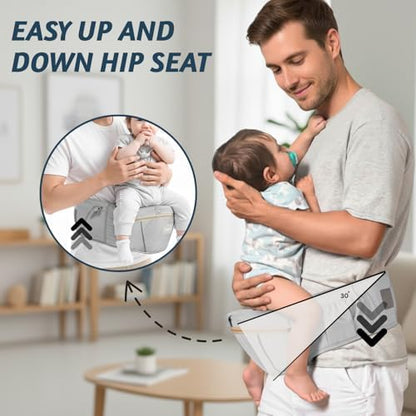 Side view of grey baby carrier showing ergonomic padding