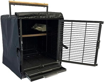 Black polyester small animal carrier shield with front ventilation flap lifted back.