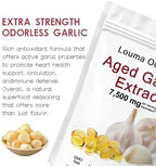 Side view of Louma 300 count aged garlic extract bottle highlighting 15 to 1 concentration ratio