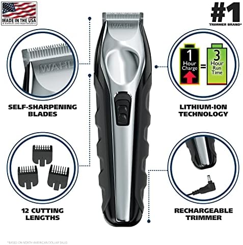 Wahl model 9888 cordless men's grooming kit with eleven guide combs and storage pouch displayed