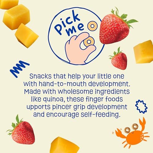 Four pack bundle of Earth's Best Strawberry Mango infant snacks showing product certifications.