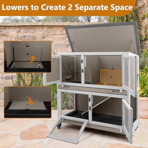 2 Story Rabbit Hutch Indoor & Outdoor, Wooden Rabbit Cage with 2 Leak-Proof Pull-Out Trays, 4 Wheels, Ramp, Chew-Anti Metal Strip for Rabbit, Guinea Pig, Hamster (36" L x 17.8" W x 36.7" H) - Image 8