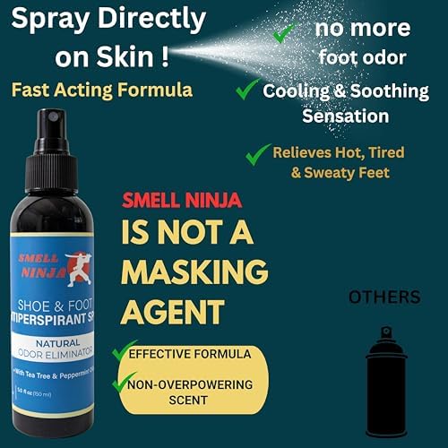 Smell Ninja natural foot spray applied to sneakers for freshness