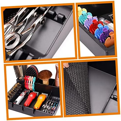 Broleo universal barber tools organizer tray arranged with various professional grooming accessories.