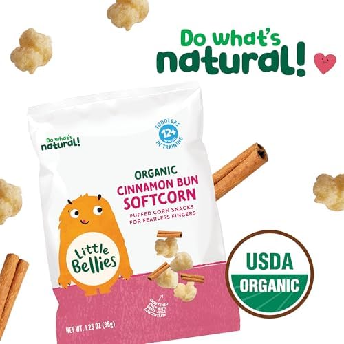 Little Bellies Organic Cinnamon Bun Softcorn individual bags displayed together.