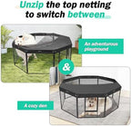 Sixteen ball bungee cords fastening the universal pet playpen cover to a wire frame.