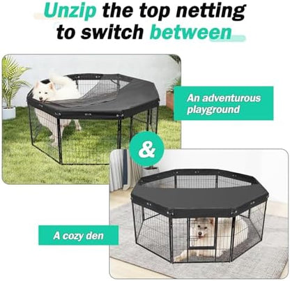 Sixteen ball bungee cords fastening the universal pet playpen cover to a wire frame.