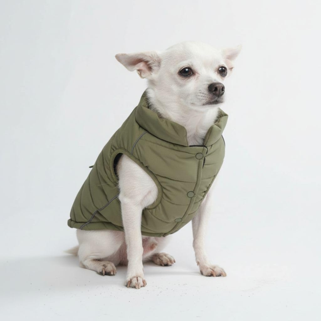 Spark Paws Dog Winter Jacket front view showing olive green water resistant exterior