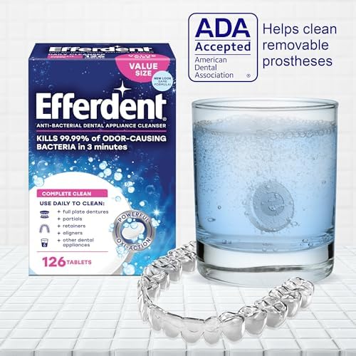 Efferdent 126 count denture tablets box highlighting antibacterial germ protection