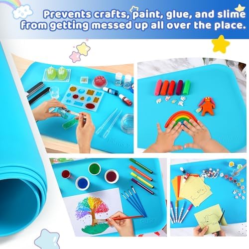 Large blue silicone art mat with raised lip for painting