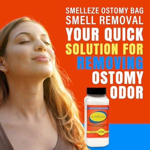 SMELLEZE stoma bag odor elimination granules container showcasing product weight details