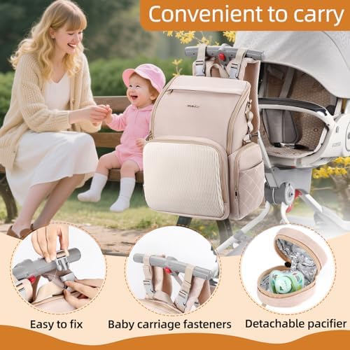 Vosmles beige diaper backpack highlighting ergonomic padded shoulder straps