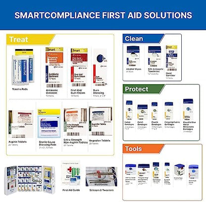 First Aid Only 245 piece kit showing bandages and medications in labeled compartments.