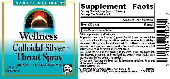 Source Naturals colloidal silver supplement nutritional facts label