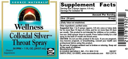 Authentic USA imported Colloidal Silver throat spray bottle packaging detailing directions