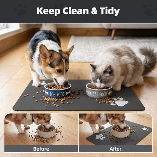 Padoor Pet Feeding Mat with dog bowls on floor