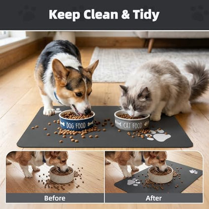 Padoor Pet Feeding Mat with dog bowls on floor