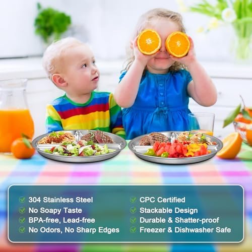 Top view of Ewfen three compartment stainless steel toddler plate