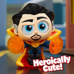 Close up view of stylized Marvel Doorables miniature figures showing detailed action poses and signature glittery eyes.