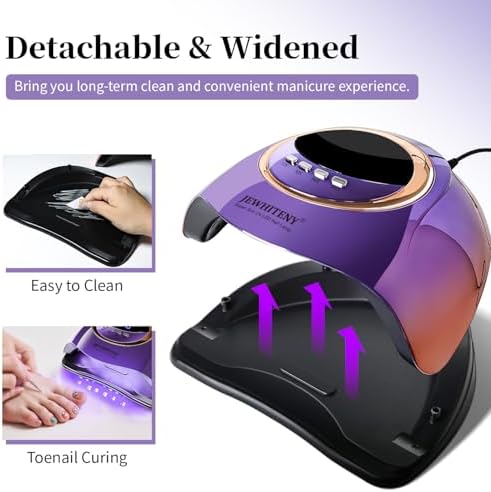 Top view of the purple JEWHITENY automatic sensor gel nail lamp showcasing the four timer button settings.