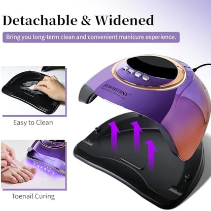 Top view of the purple JEWHITENY automatic sensor gel nail lamp showcasing the four timer button settings.