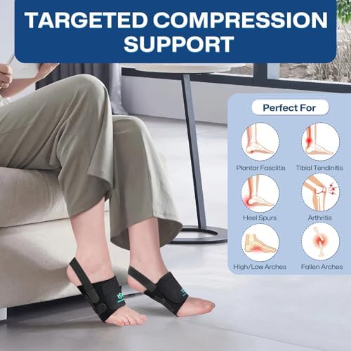 Adjustable compression bands on Healrecux foot supports for plantar fasciitis.
