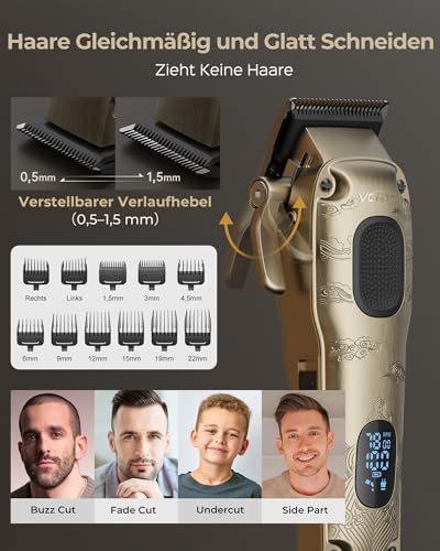 VGRPRO cordless hair clipper with digital LED battery display screen showing RPM speed level