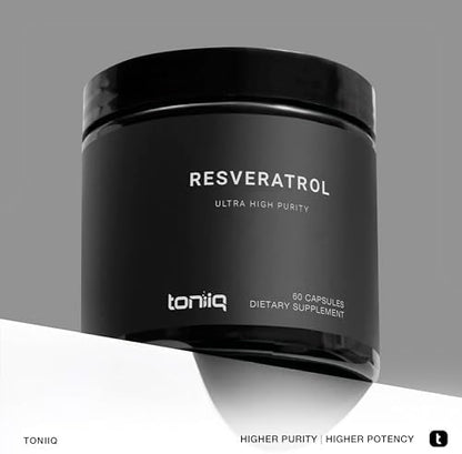 Side profile of Toniiq Resveratrol 98 percent trans-resveratrol bottle
