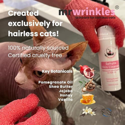 Lick safe gentle cleanser for hairless cats to prevent skin fold oil buildup.