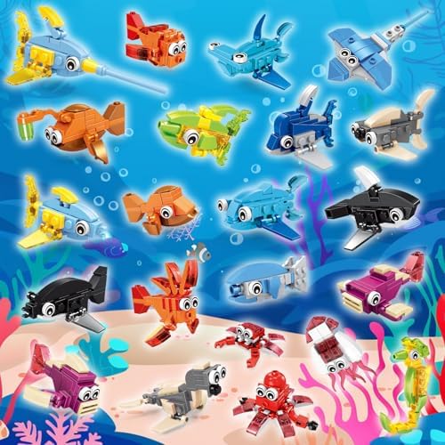 VOPOGLNE 36 packs party favors building set displaying diverse assembled ocean creatures including sharks and dolphins.