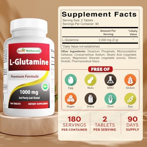 Best Naturals L-Glutamine supplement bottle nutrition facts label close up
