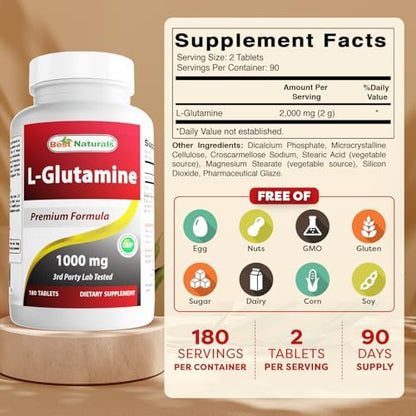 Best Naturals L-Glutamine 180 count bottle label details