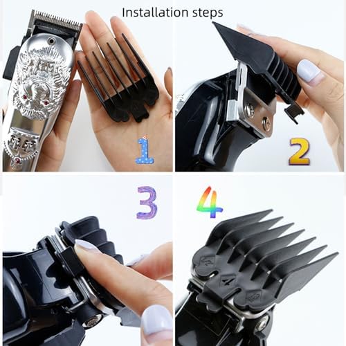 Eight pieces of professional limit combs arranged sequentially from smallest to largest cutting size