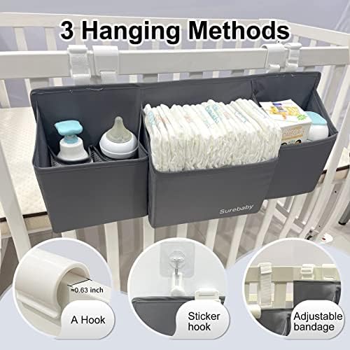 Surebaby grey diaper caddy organizer mounted on crib