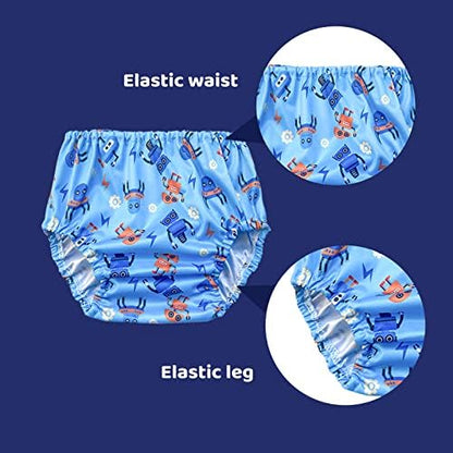 BISENKID toddler leakproof underwear cover pack laid out flat illustrating size dimensions