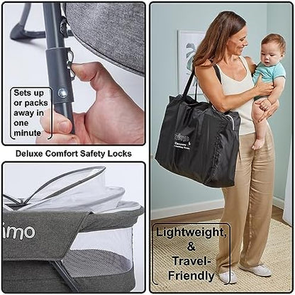 Removable mesh canopy shield detailed view protecting the lightweight baby mattress.