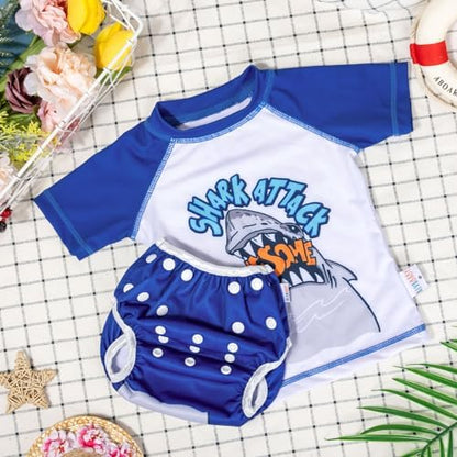 Alvababy swimwear set showing snap buttons for size adjustment
