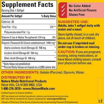 Nature Made plant based Omega 3 supplement bottle showing organic flaxseed oil nutritional facts