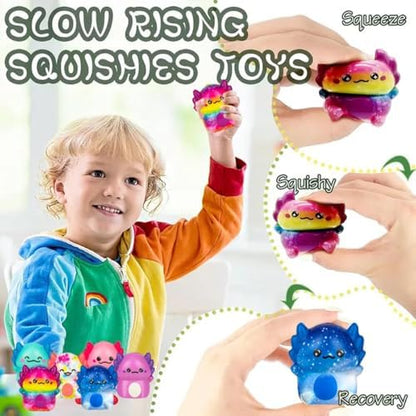 Close up view of the non toxic polyurethane axolotl squeeze toys in various vibrant pastel colors.