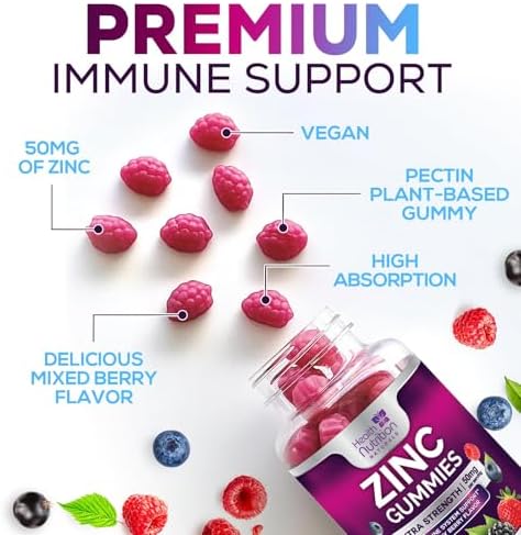 Daily food that contains zinc supplement for men and women featuring tasty berry flavored gummies
