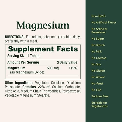 Nature's Bounty vegetarian friendly clean formula magnesium supplement bottle showing non GMO certifications.