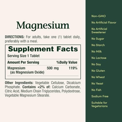 Nature's Bounty vegetarian friendly clean formula magnesium supplement bottle showing non GMO certifications.