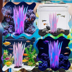 Washable and non fading silicone seaweed accessory placed next to aquarium gravel substrate.