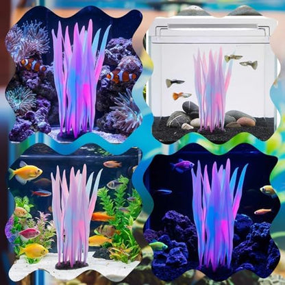 Washable and non fading silicone seaweed accessory placed next to aquarium gravel substrate.
