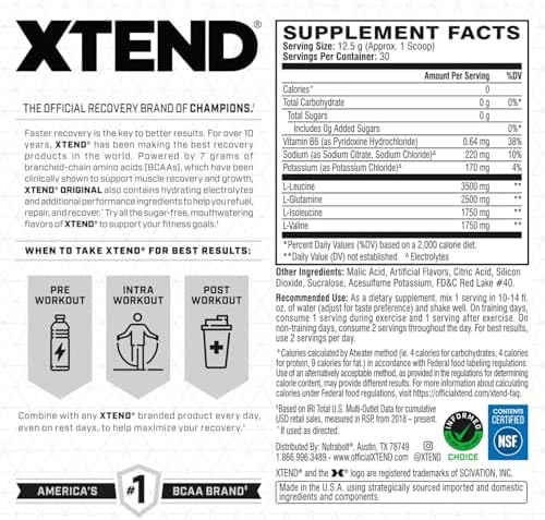 Xtend BCAA powder supplement nutritional facts label close-up