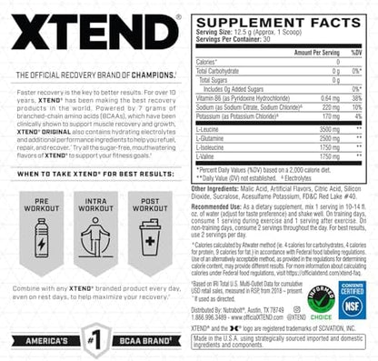 Xtend 7g BCAA and 2.5g Glutamine nutrition facts label showing zero sugar